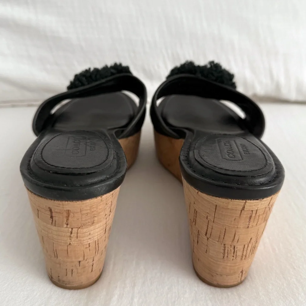 Coach Jazmin Black Leather & Cork Wedge Sandals